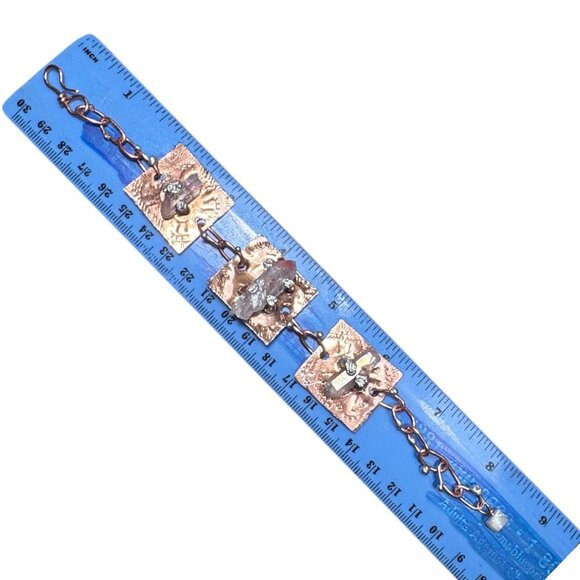 Handcrafted Copper Bracelet With Quartz Crystals & Hammered Metal Plates Artisan - Picture 7 of 12
